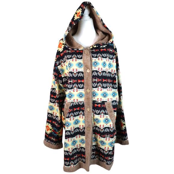 Vintage Fur Trim Coat with Hood Southwest Aztec Boho Faux Fur Fair Isle Large - Picture 1 of 8